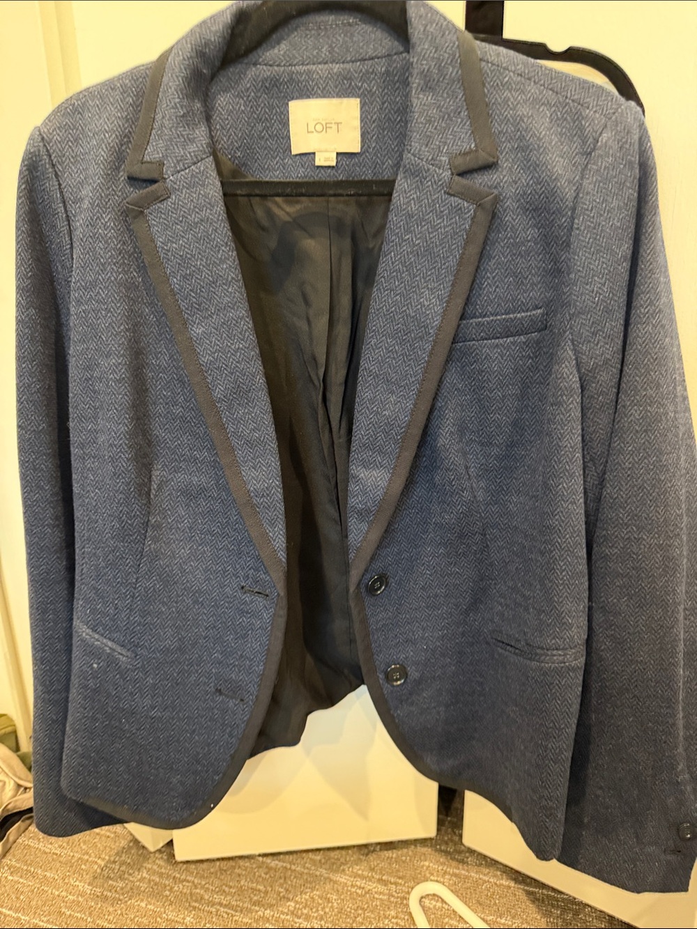 LOFT Blue Herringbone Blazer with Dark Trim
